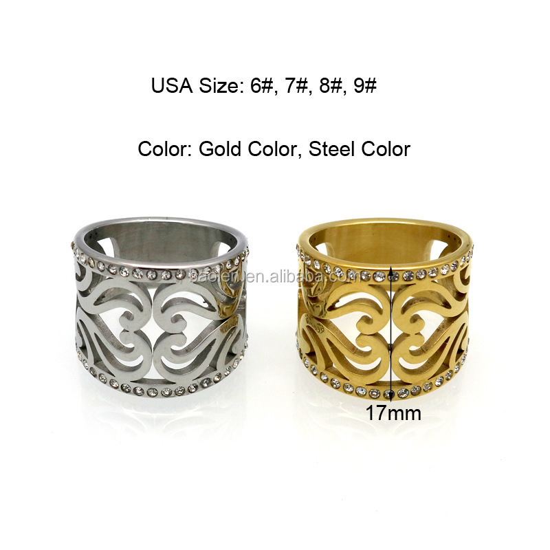 17mm Width Brand Design Hollow Flower Rhinestone Rings 316L Stainless Steel Rings For Women Ring Gold Color Party Jewelry