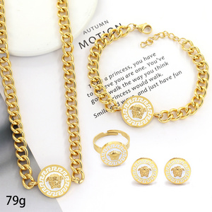 18K Gold Plated Designer Cuban chain Big Brands Set Stainless Steel Bracelet Earrings Necklace Jewelry Set For Women