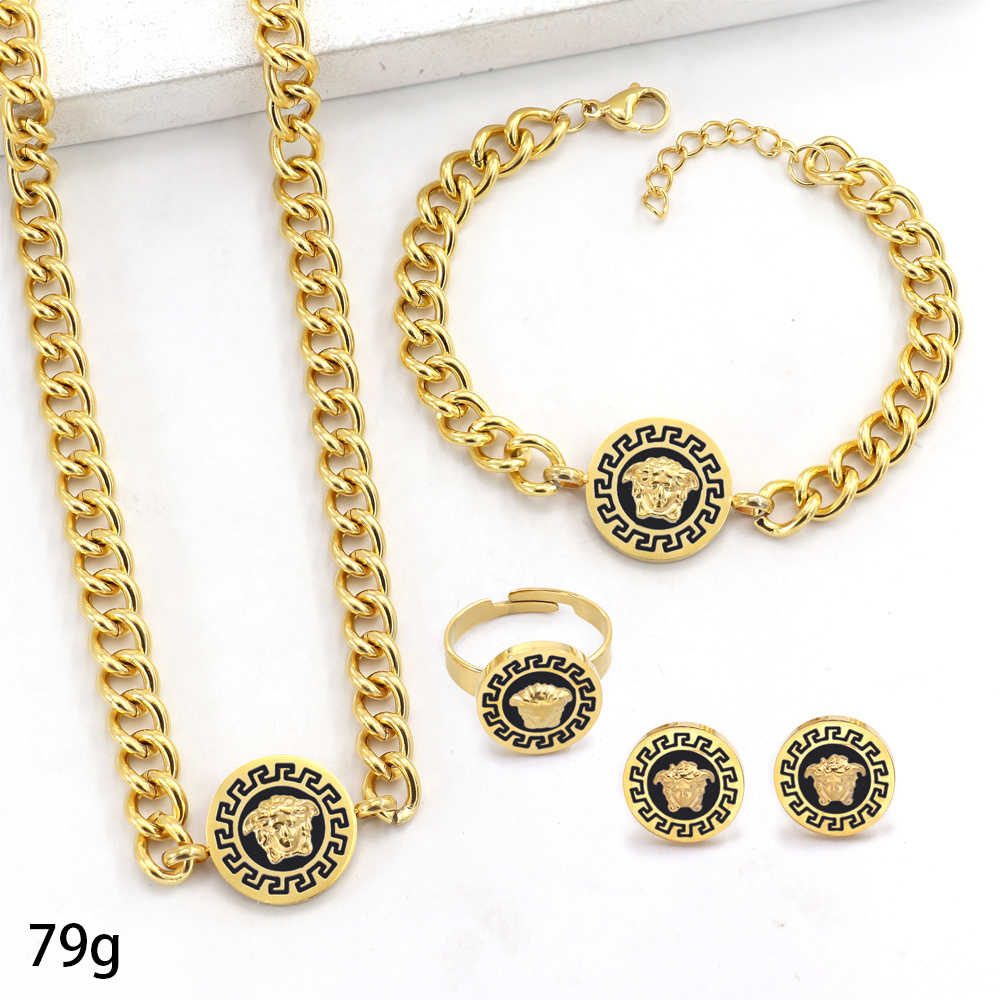 18K Gold Plated Designer Cuban chain Big Brands Set Stainless Steel Bracelet Earrings Necklace Jewelry Set For Women