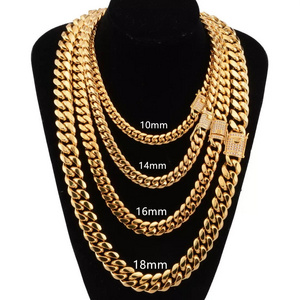 6/8/10/12/14/16/18mm  CZ Zircon Gold Hip Hop Necklace Stainless Steel 18K Gold Plated PVD Monaco Cuban Chain Necklace For Men