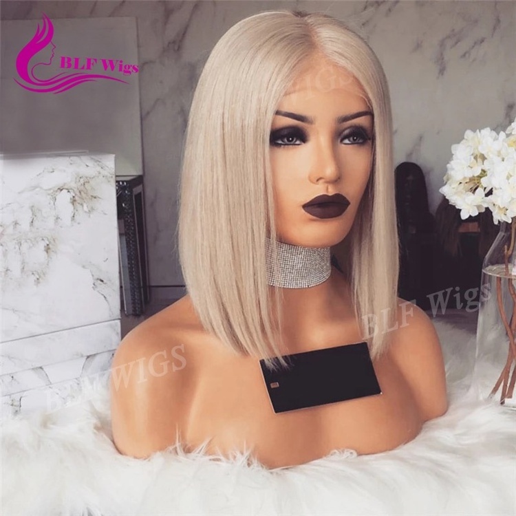 Platinum Blonde Color #60 Front Lace Bob Wig Blunt Cut 100% Brazilian Human Hair Short Wigs for White Women