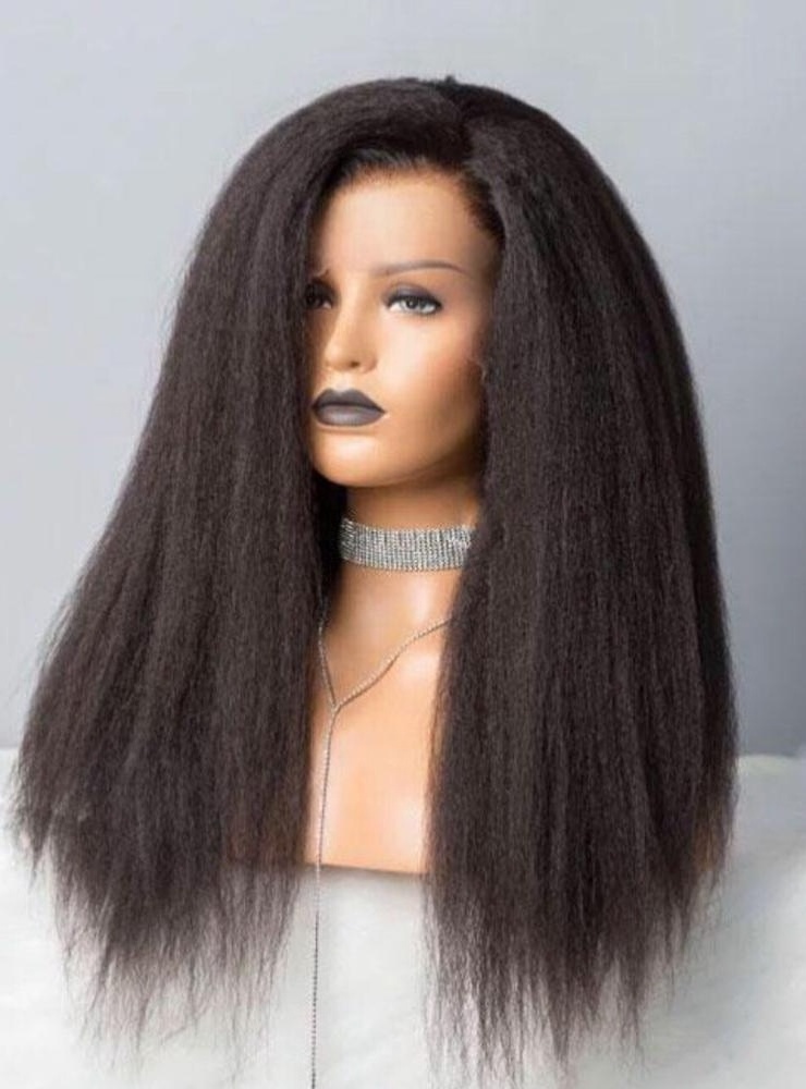 Yaki Human Hair Wigs, 180% Density Kinky Straight Full Lace Wig Virgin Brazilian Human Hair with Swiss Lace