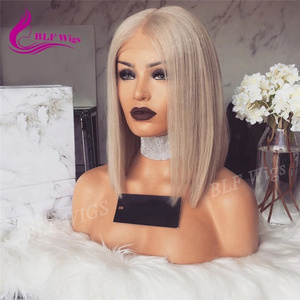 Platinum Blonde Color #60 Front Lace Bob Wig Blunt Cut 100% Brazilian Human Hair Short Wigs for White Women