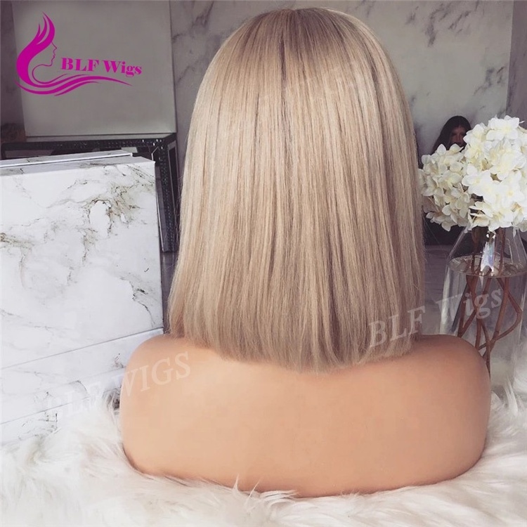 Platinum Blonde Color #60 Front Lace Bob Wig Blunt Cut 100% Brazilian Human Hair Short Wigs for White Women