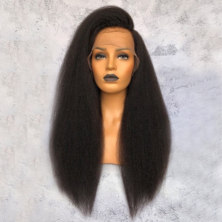 Yaki Human Hair Wigs, 180% Density Kinky Straight Full Lace Wig Virgin Brazilian Human Hair with Swiss Lace