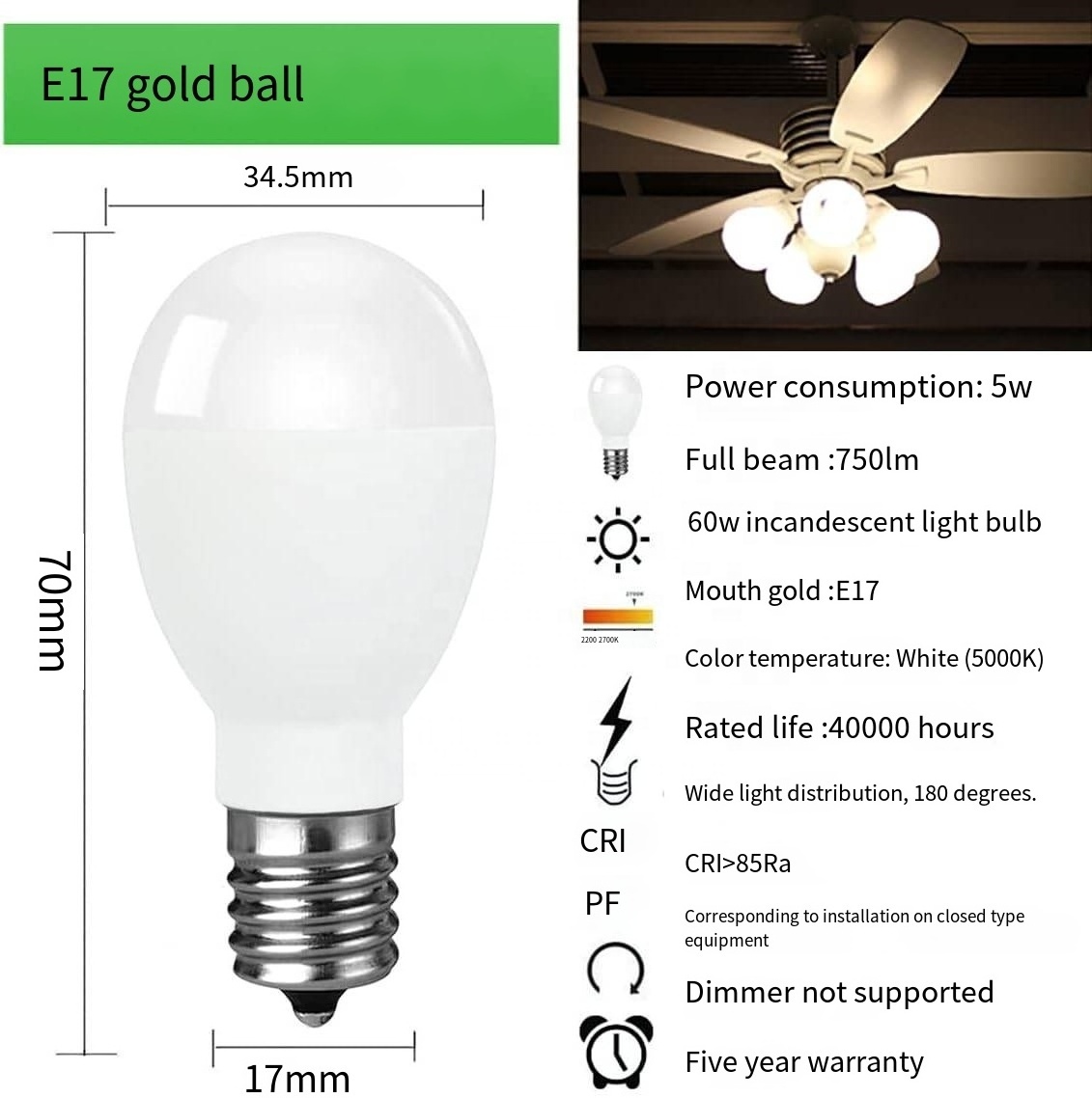 E17 Intermediate Base 60W Equivalent Globe Light Bulbs 5W Ceiling Fan Chandelier Lighting E17 LED Light Bulb