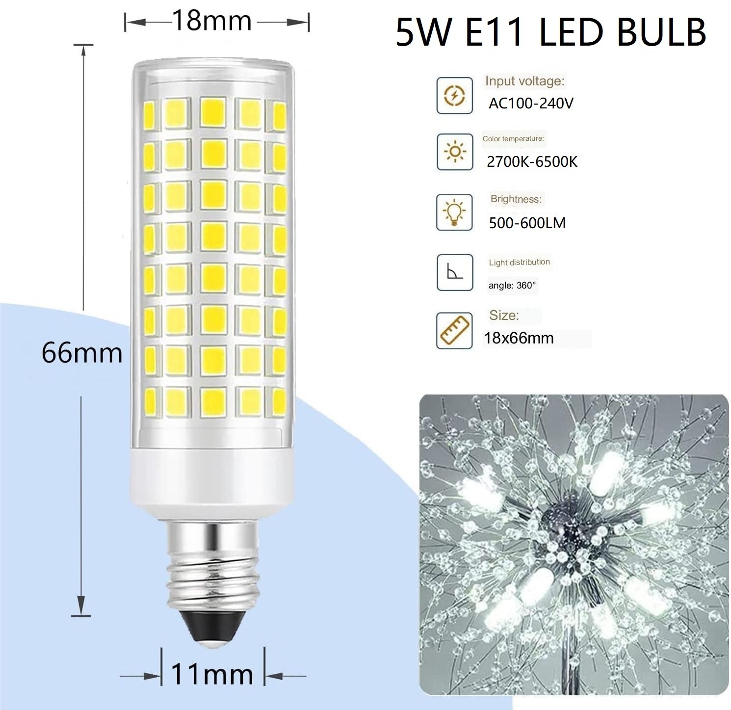 E11 LED Bulbs 5W Equivalent 50W 60W Halogen Bulbs AC 120V  Dimmable 660LM E11 Mini Candelabra Base LED Light Lamp