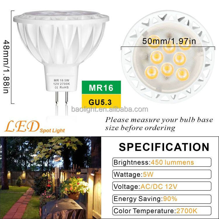 Factory direct sale spotlight low voltage 12 volt 5w 4000K led mr16 GU5.3 landscape light bulbs