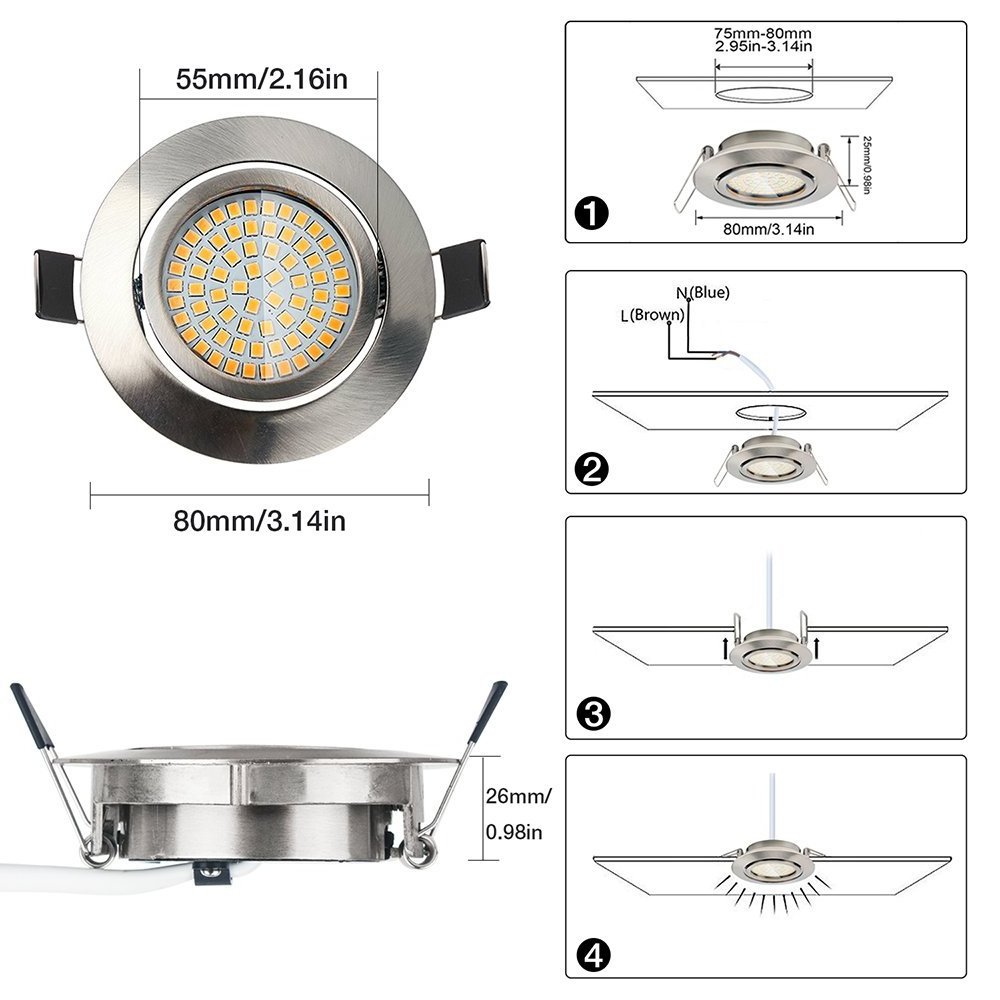 5W LED recessed ceiling downlights 400lm waterproof  for bathroom  kitchen  living room lighting 100-240v warm white spotlights