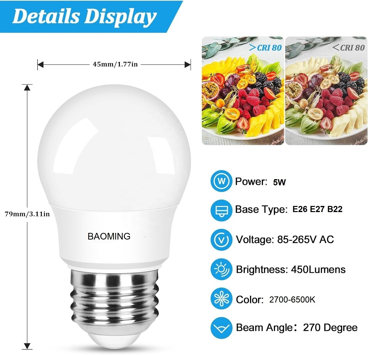 Long Life Span B22 E26 E27 2700K Energy Saving Bulb Lights No Flickering 3W G45 Led Bulbs For Home