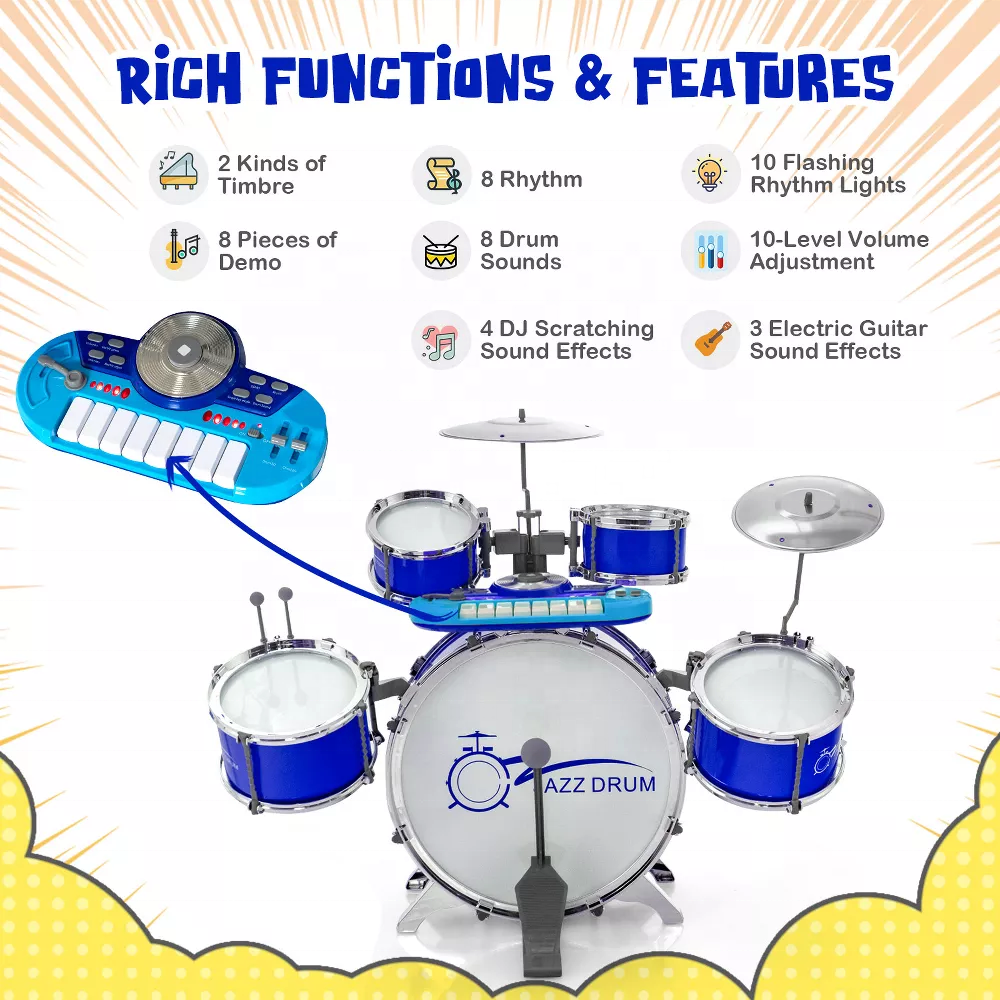 High Quality Jazz Drum Set Toy  with Keyboard & DJ Sounds & Microphone Musical Instrument & Stool for Kids and Boys