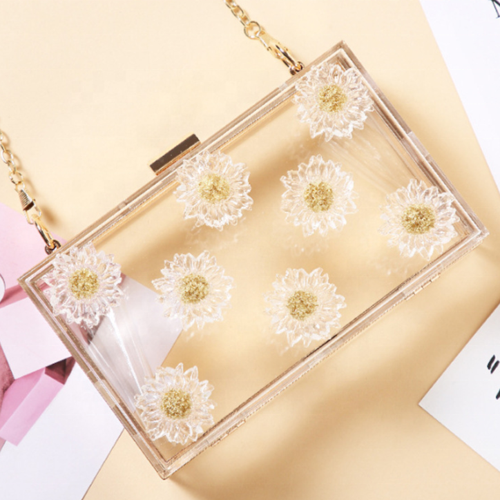 Custom ladies Flower Acrylic Clear Square Clutch Box Crossbody Shoulder Wedding Banquet Purse