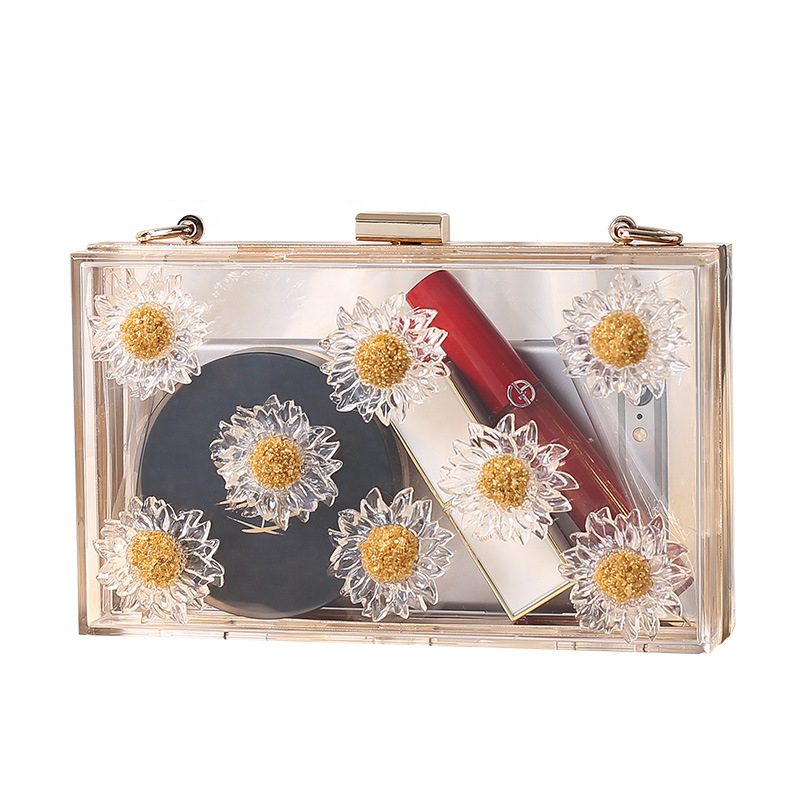 Custom ladies Flower Acrylic Clear Square Clutch Box Crossbody Shoulder Wedding Banquet Purse