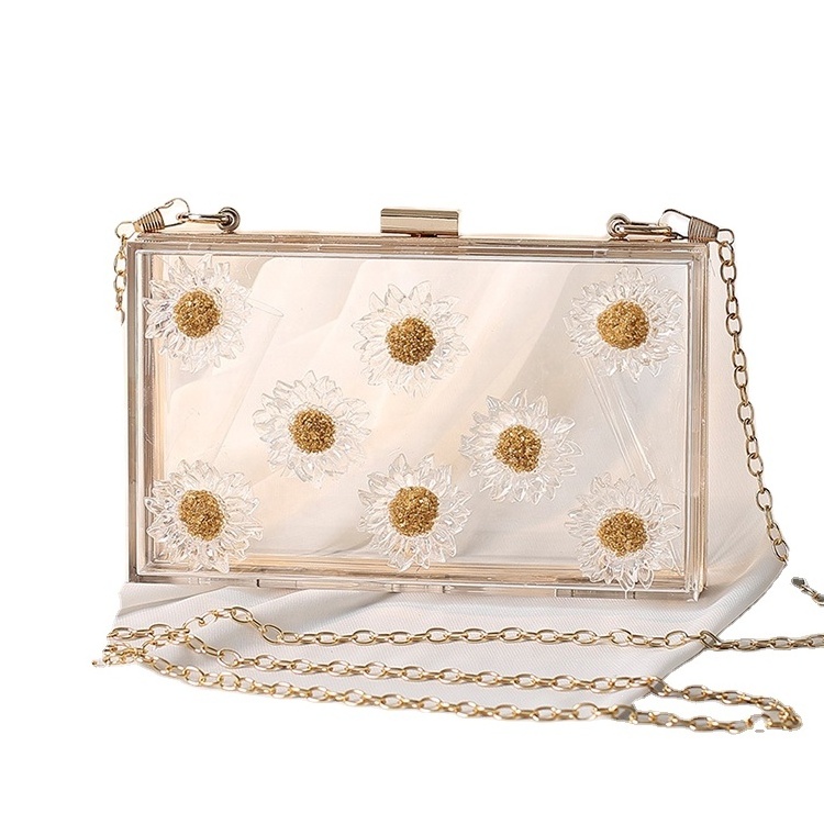 Custom ladies Flower Acrylic Clear Square Clutch Box Crossbody Shoulder Wedding Banquet Purse