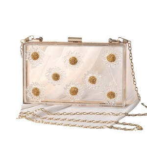 Custom ladies Flower Acrylic Clear Square Clutch Box Crossbody Shoulder Wedding Banquet Purse