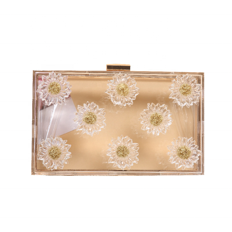 Custom ladies Flower Acrylic Clear Square Clutch Box Crossbody Shoulder Wedding Banquet Purse