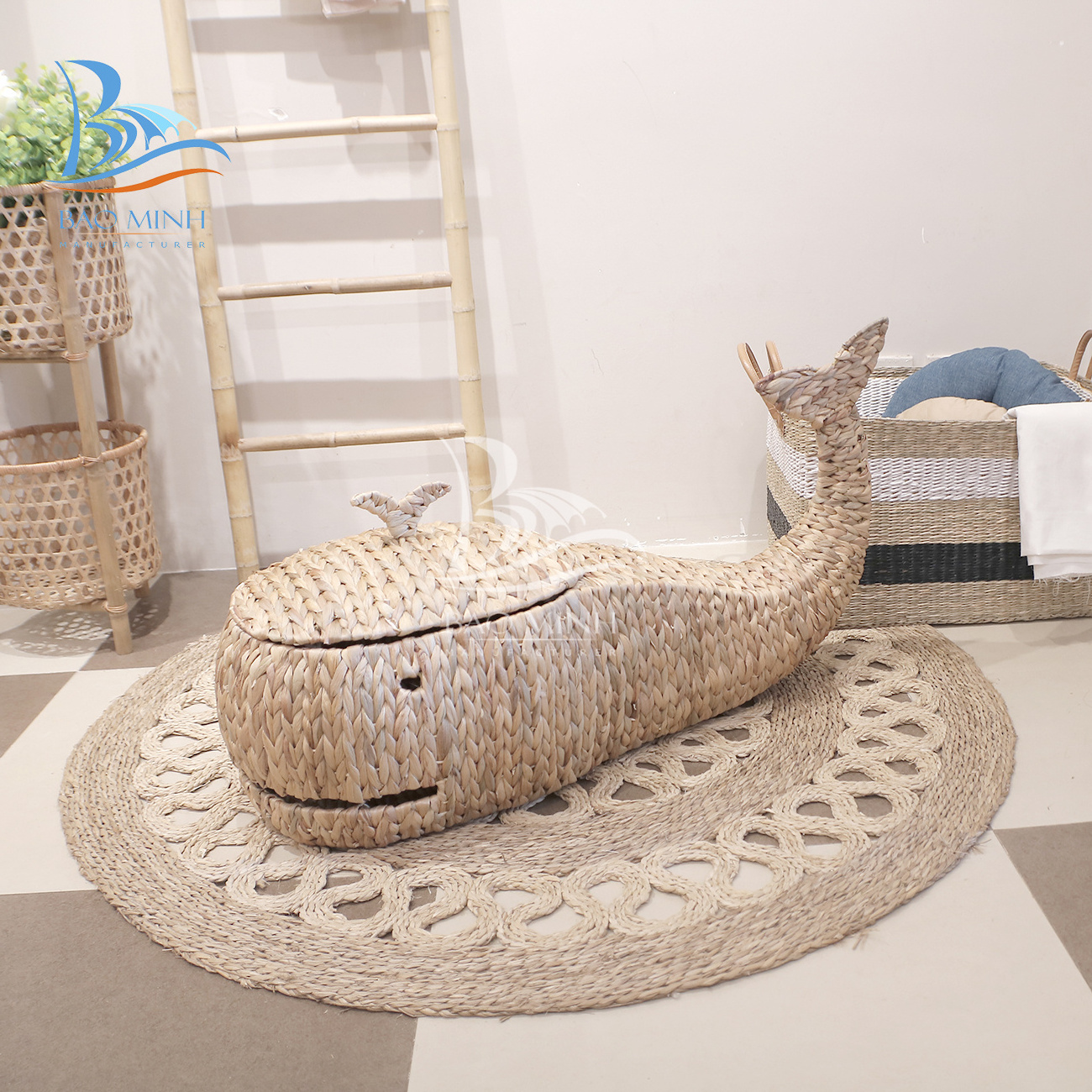 Whale shaped wicker water hyacinth storage baskets from Vietnam