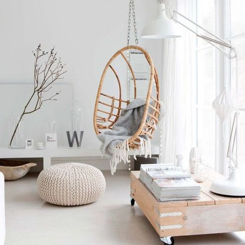 Rattan hanging chair on a chain makes the interior warmer, swing chair for living room decoration