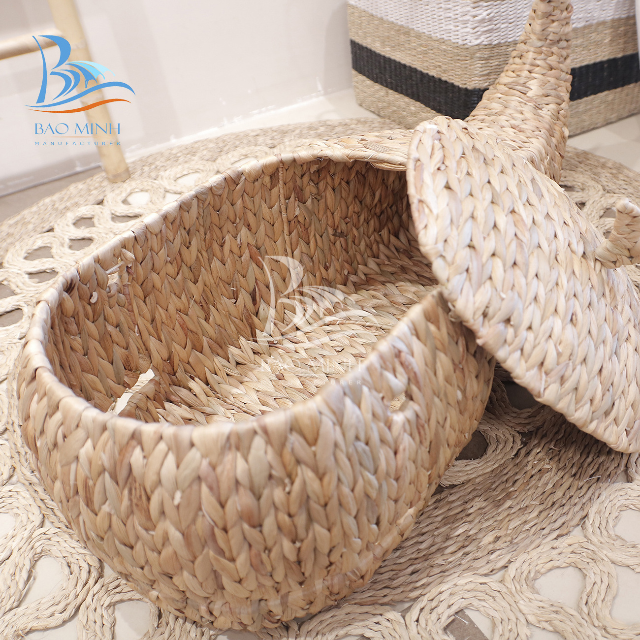 Whale shaped wicker water hyacinth storage baskets from Vietnam