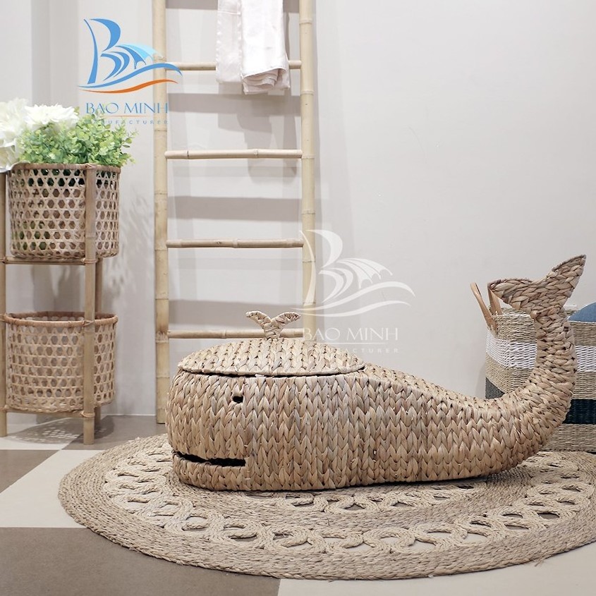 Whale shaped wicker water hyacinth storage baskets from Vietnam