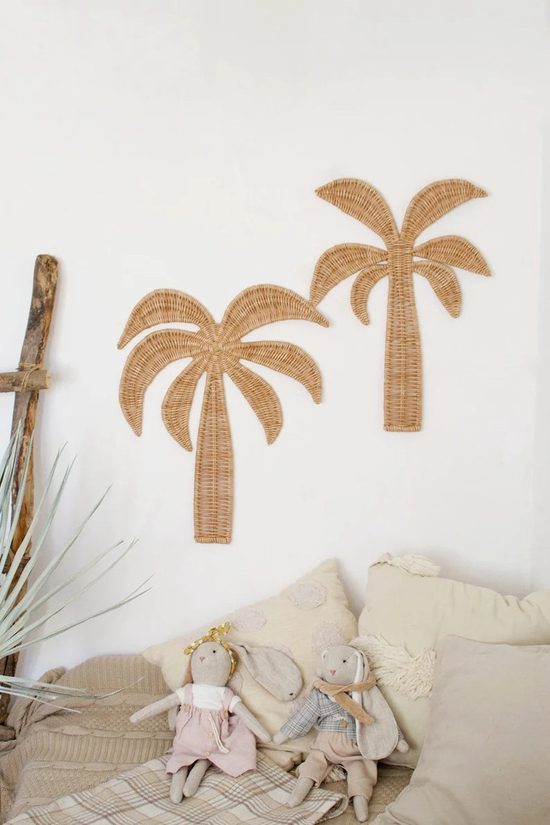 Coastal Wall Decor Palm Tree Wall Hanging Set of 2 Wicker palm tree  Nursery wall hanging