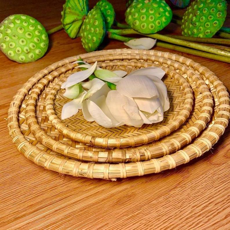 Handmade Natural Round Bamboo Flat Baskets, Round Bamboo Flat Storage Basket