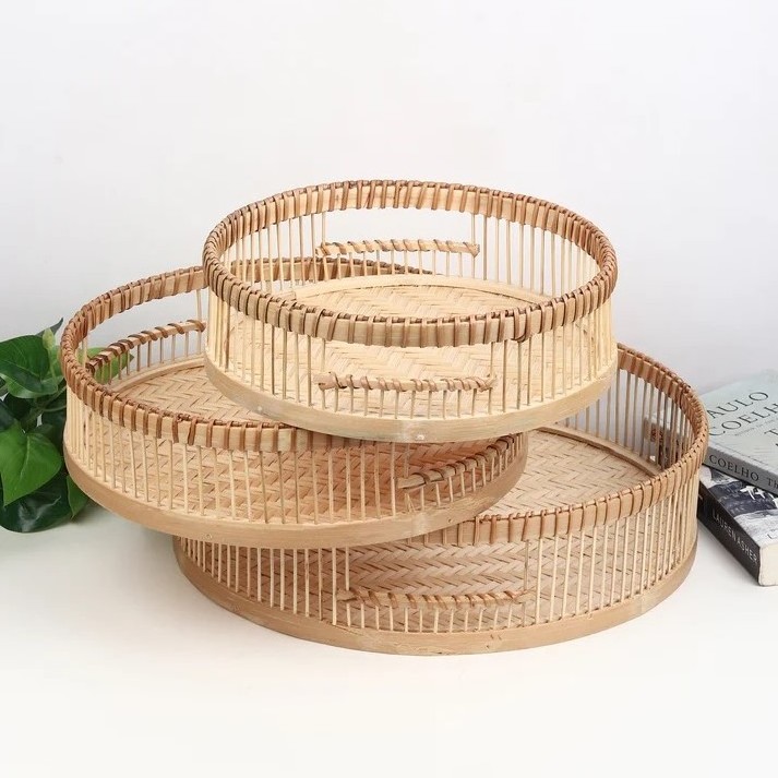 Hand woven round bamboo tray set of 3 from Vietnam