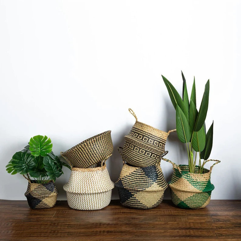 Foldable Seagrass Basket with Handle Flower Pot Laundry Basket Organizer Straw Wicker Belly Basket