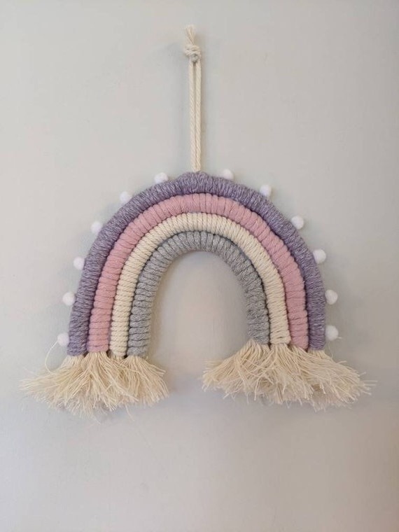 Nursery Kids Room Home Decor Wall Hanging Art, Boho Macrame Rainbow Decor With Pompom