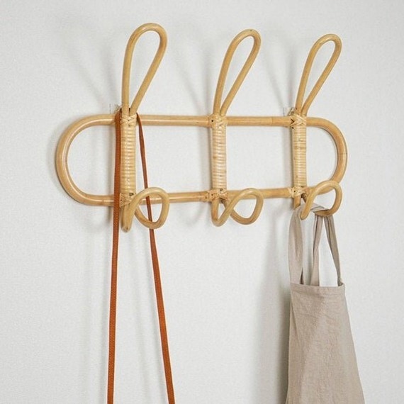 Rustic Rattan Hanging Coat Rack, Wall Hanging Hooks, Rattan shelf