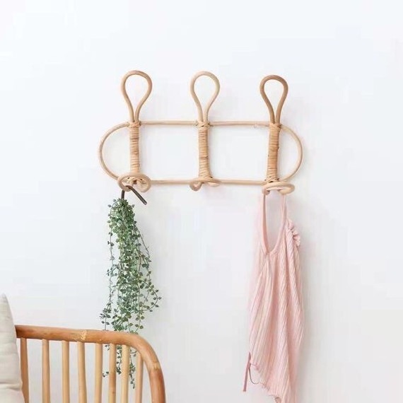 Rustic Rattan Hanging Coat Rack, Wall Hanging Hooks, Rattan shelf