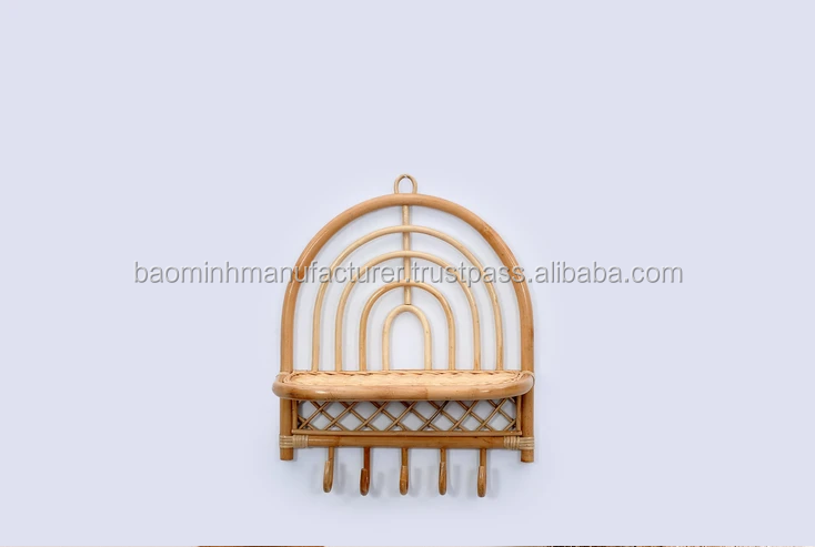 Rustic Rattan Hanging Coat Rack, Wall Hanging Hooks, Rattan shelf