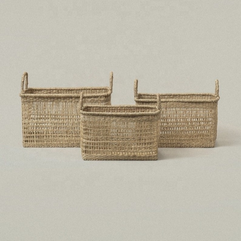 Rectangular Storage Seagrass Hand Woven Basket with Handles for Home and Closet Organization