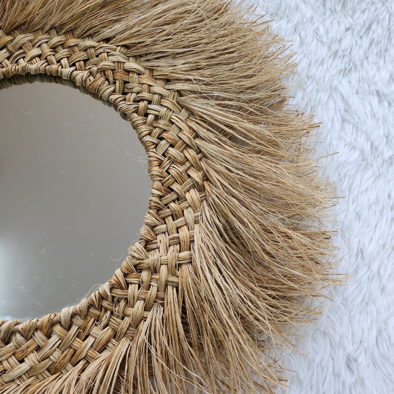 Cheapest! Boho circle straw wall decoration modern home mirror factory price - round wall mirror