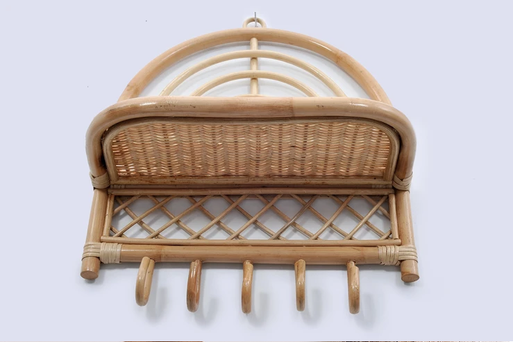 2021 hot design natural rainbow rattan wall shelf with hooks