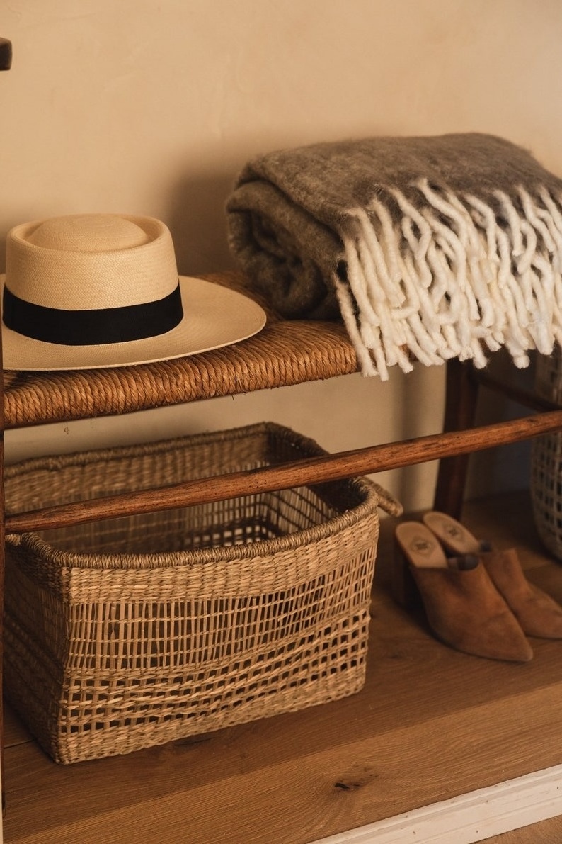 Rectangular Storage Seagrass Hand Woven Basket with Handles for Home and Closet Organization