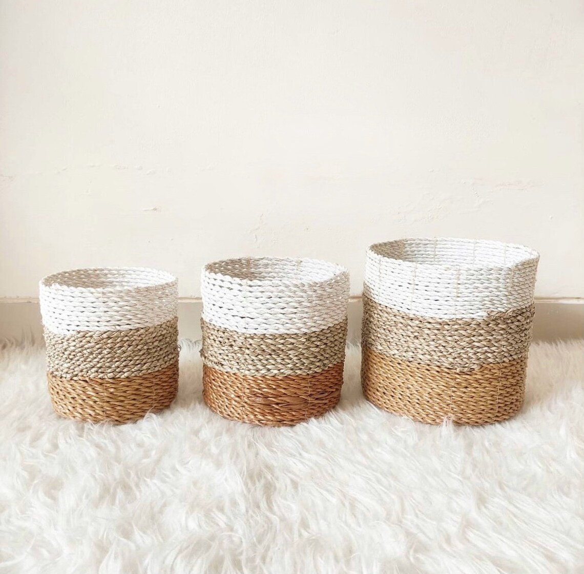 Hot sales set of 3 seagrass baskets with colorful bottom handmade from Vietnam