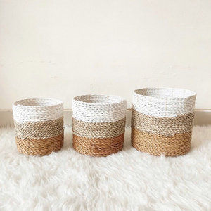 Hot sales set of 3 seagrass baskets with colorful bottom handmade from Vietnam