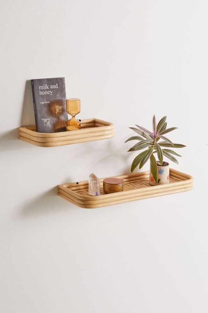 Rattan wicker floating wall shelf