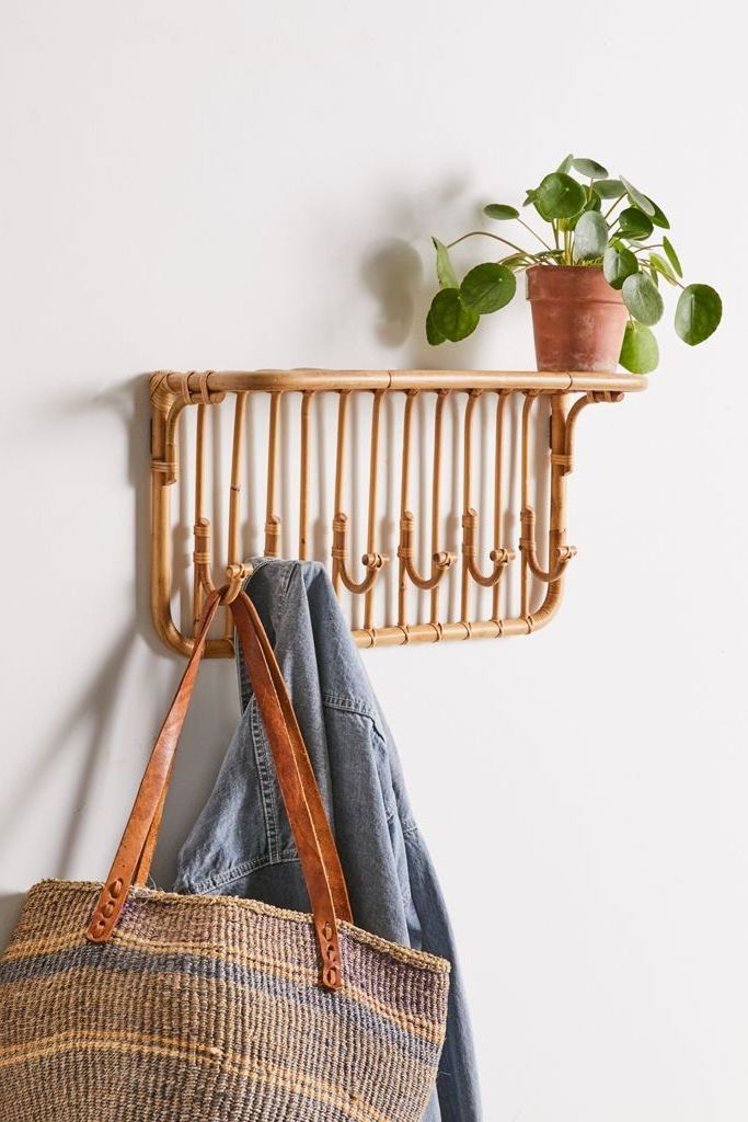 Entryway Multi-Hook Rattan Wall Shelf