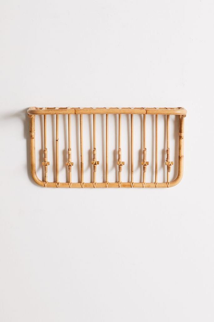 Entryway Multi-Hook Rattan Wall Shelf