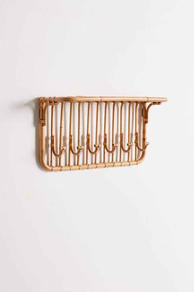 Entryway Multi-Hook Rattan Wall Shelf