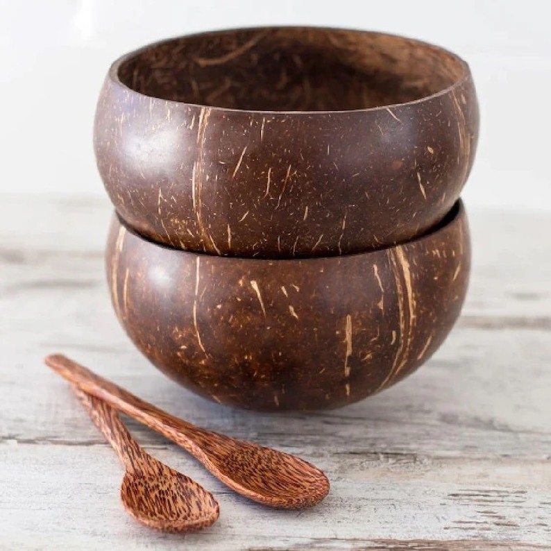 Natural Coconut Bowls and Spoon, Handmade Organic Coconut Shells for Dinnerware