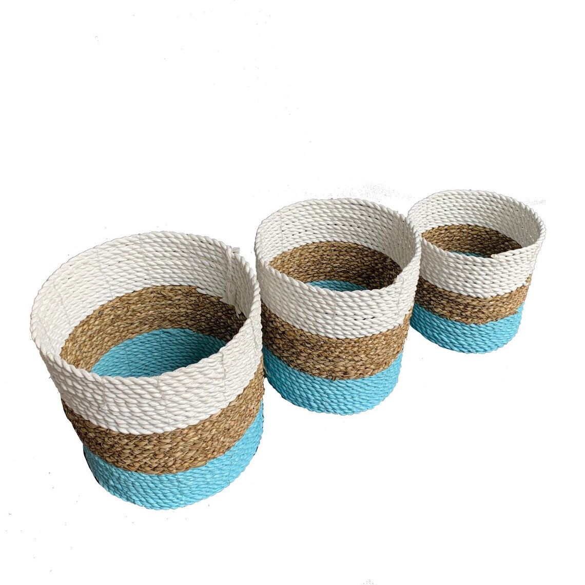 Hot sales set of 3 seagrass baskets with colorful bottom handmade from Vietnam