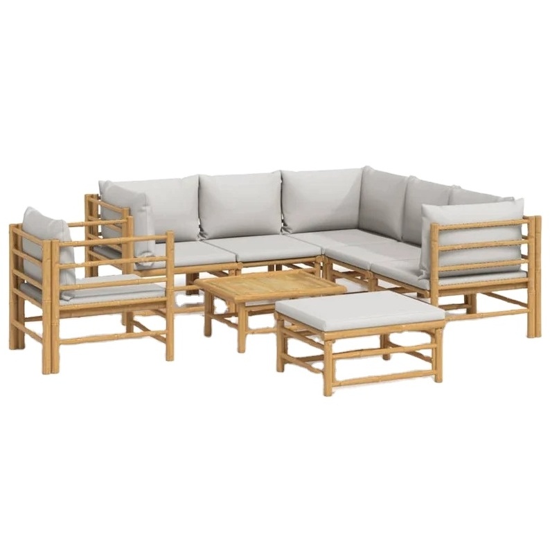 8 Piece Patio Lounge Set with Light Gray Cushions Bamboo