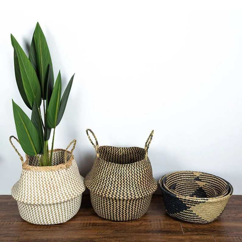 Foldable Seagrass Basket with Handle Flower Pot Laundry Basket Organizer Straw Wicker Belly Basket