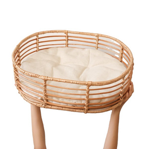 Natural rattan woven Japanese-style pet house with cotton mat