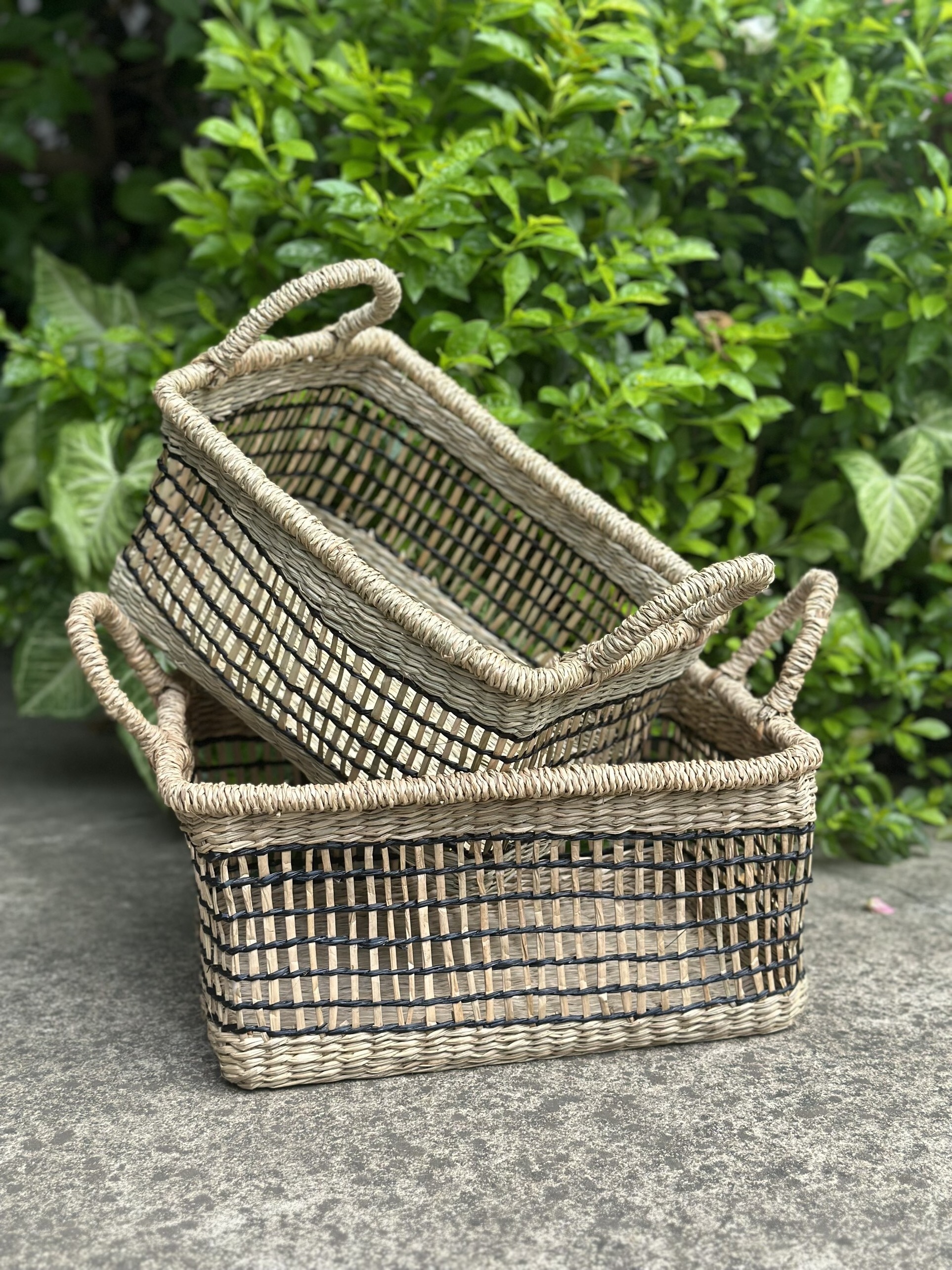 Rectangular Storage Seagrass Hand Woven Basket with Handles for Home and Closet Organization