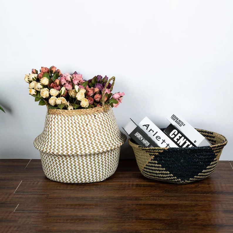 Foldable Seagrass Basket with Handle Flower Pot Laundry Basket Organizer Straw Wicker Belly Basket