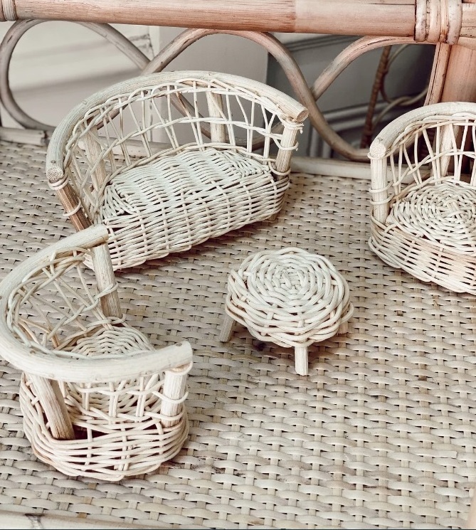 Rattan Boho Mid Century Miniature doll house Furniture Rattan Doll Patio Set